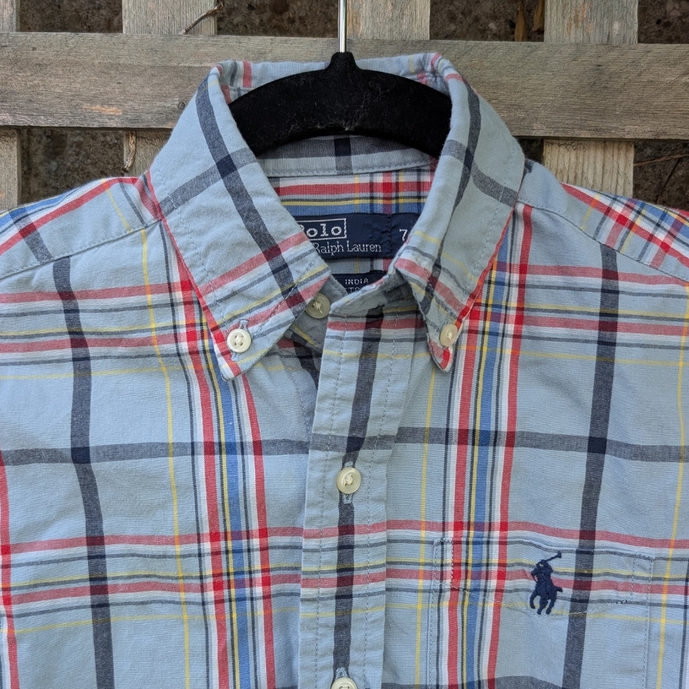 Polo Ralph Lauren Boys Size 7 Plaid Youth Short Sleeved Button Down Casual Blue